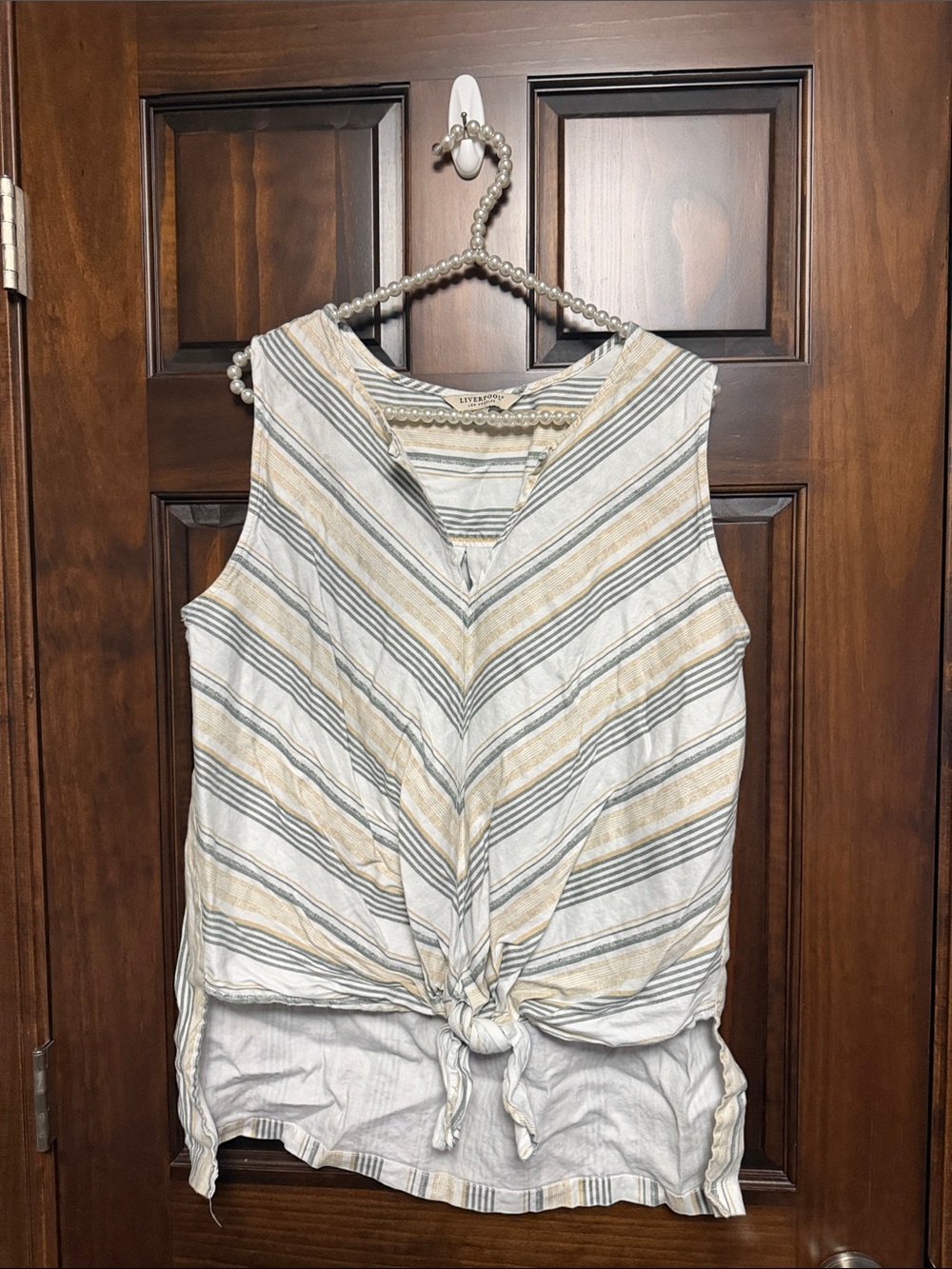 Liverpool White Striped V-Neck Tie-Front Tank with Yellow and Gray Stripes